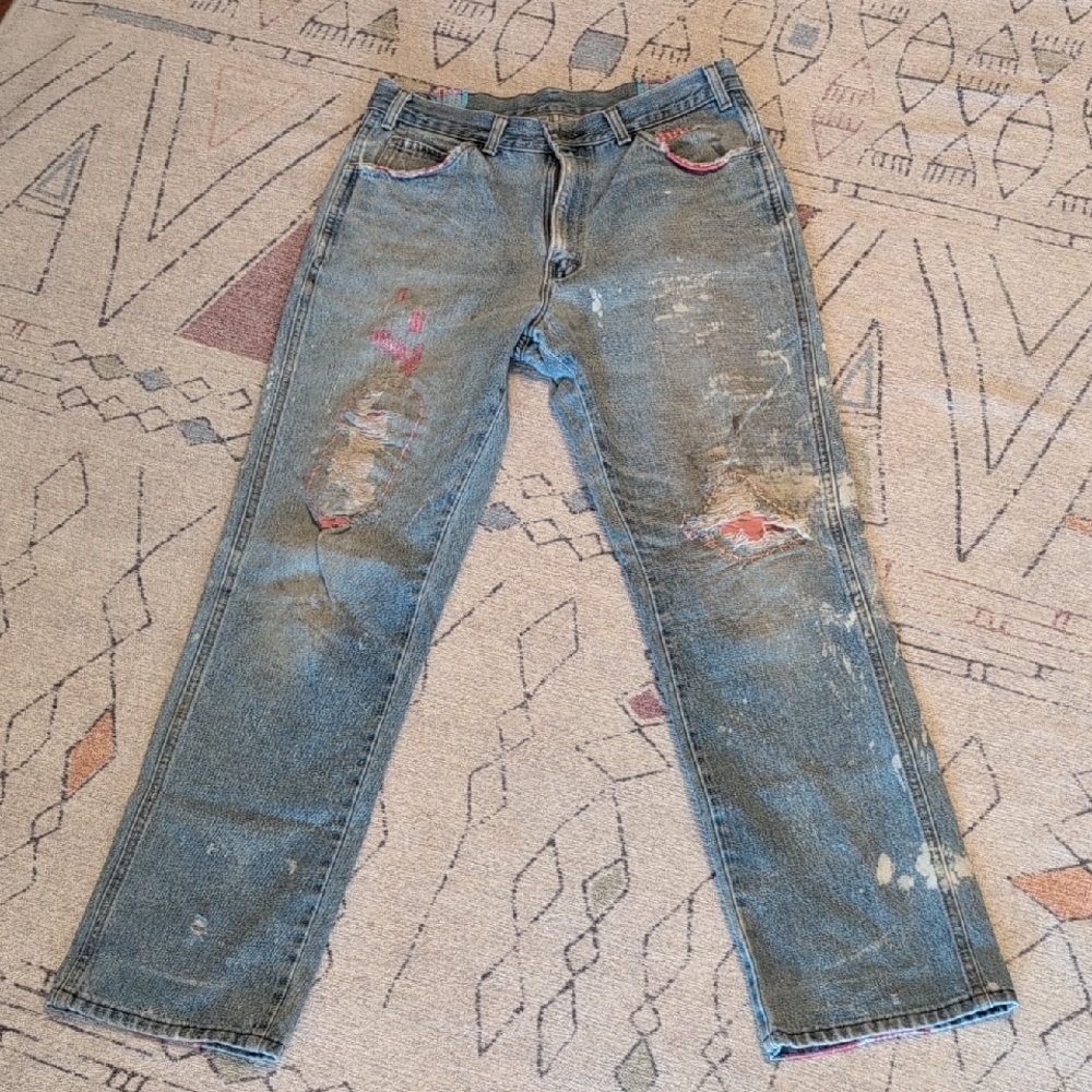 Vintage Hand Embroidered Distressed Blue Jeans
